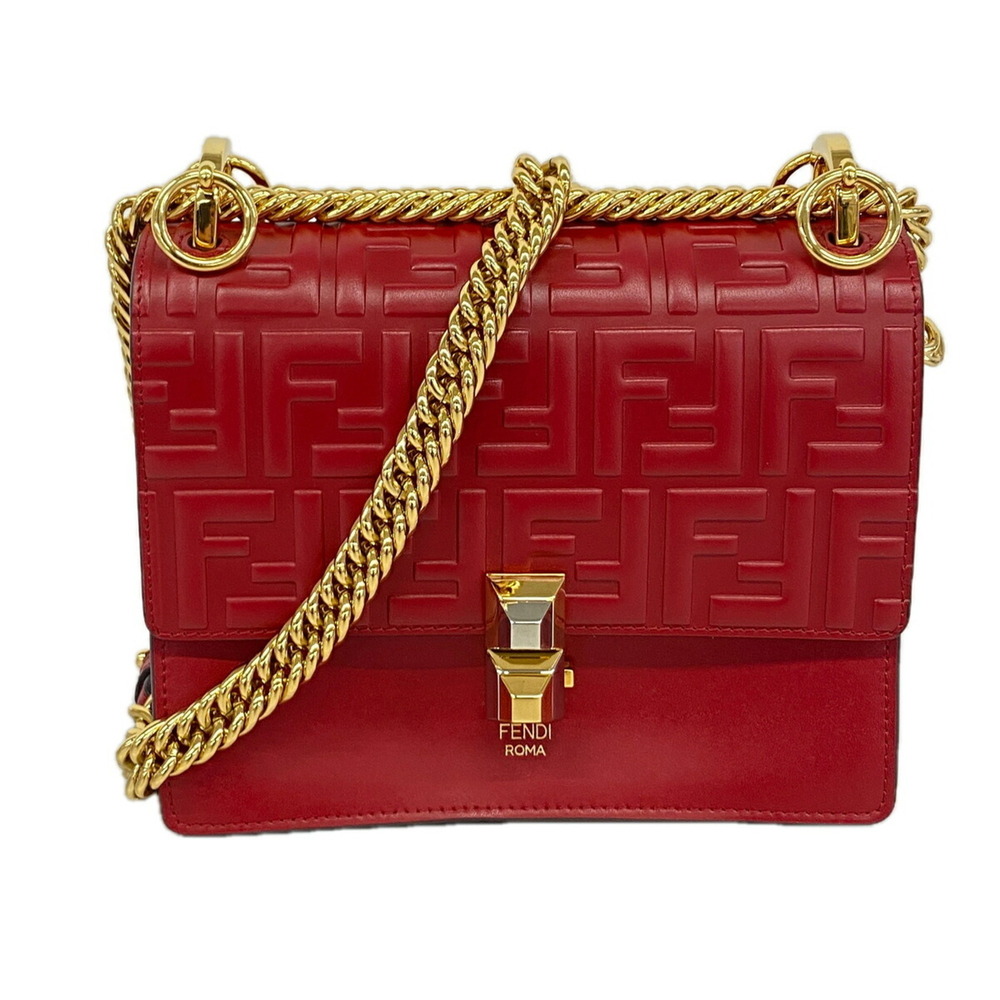 Fendi Shoulder Bag Kanai Mini Leather Red Gold Women's